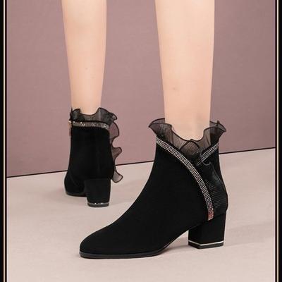 Autumn and Winter Rhinestone Lace Edge Matte Soft Leather Thick Heel Short Boots Women's Middle Heel New Soft Leather Women's Boots Ankle Boots