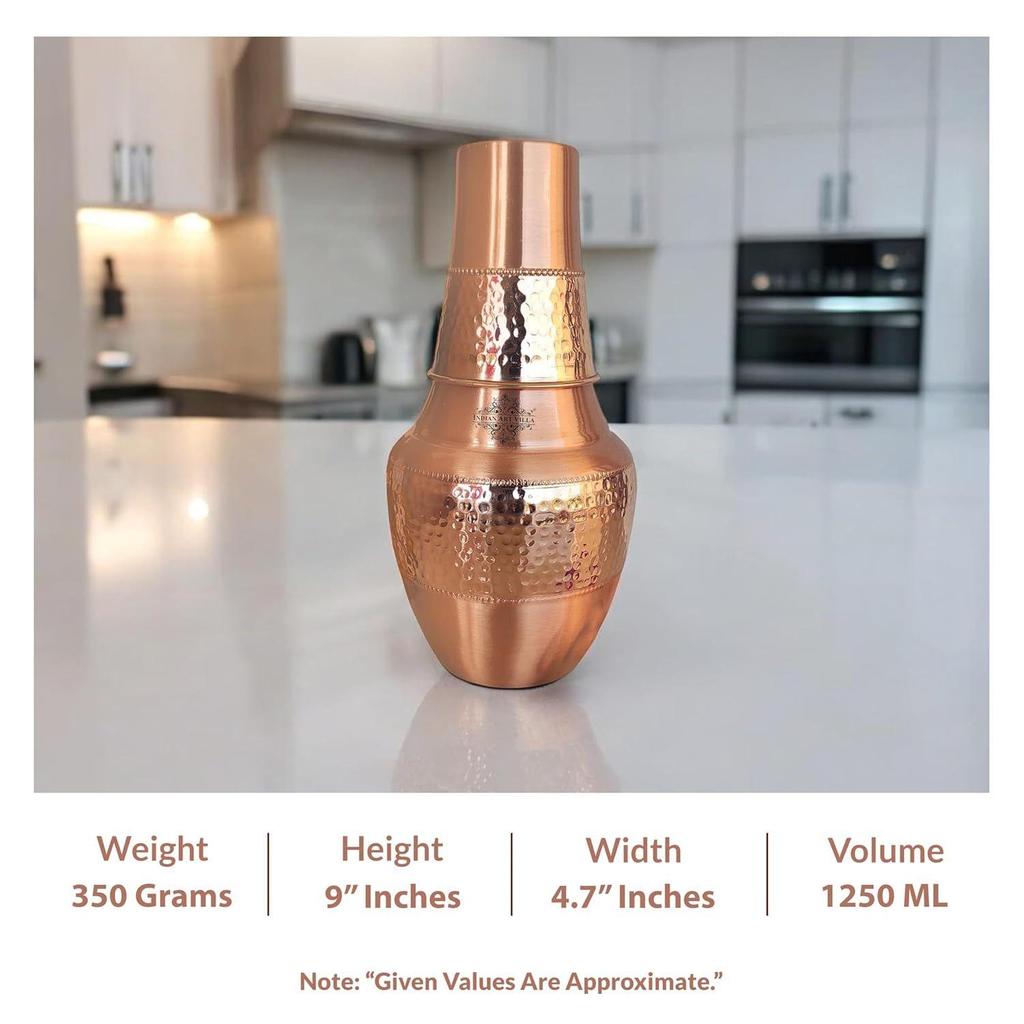 Pure Copper Printed with Health Benefits, Inbuilt Glass, Bedroom Water Bottle for Storage Purpose (Half Hammered Surahi Shape, 1300 ml) Set of 1