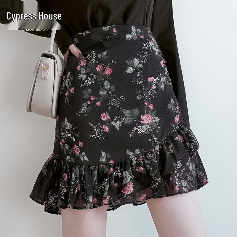Sibaishe Women s Floral Ruffle High-Waist Short Skirt S