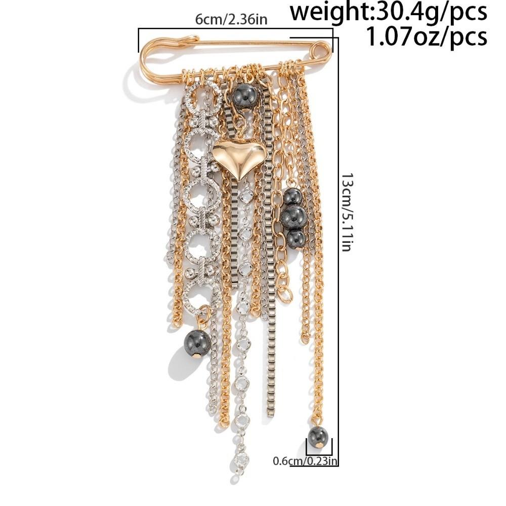 Ins Style Heart Brooch Black Beads Chain Tassel Metal Chain Brooch Sweet Cool Style Heart Pendant Beaded Tassel Lapel Pin