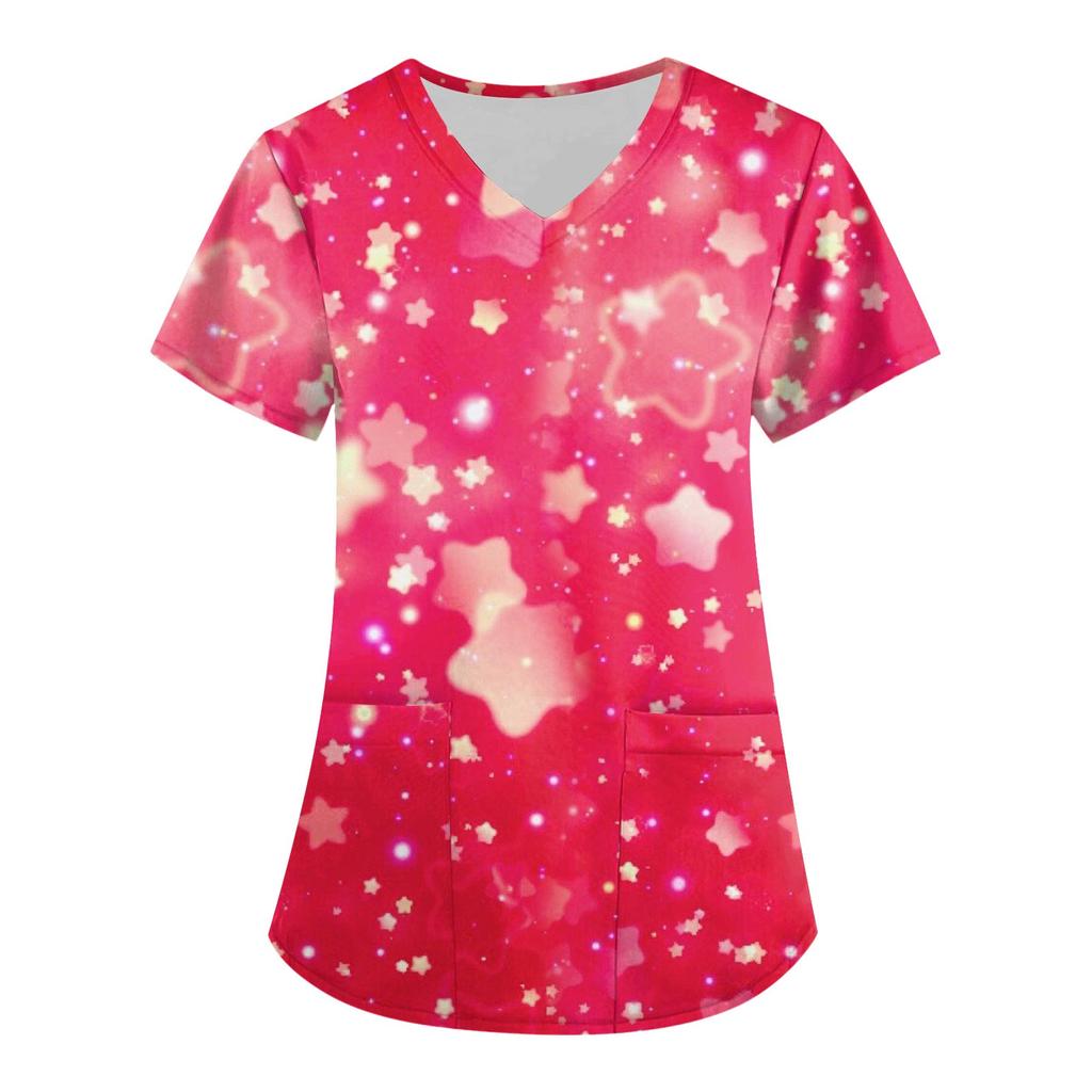 Women's Fashion V-neck Short Sleeve Workwear With Pockets Valentine's Day Printed Tops
