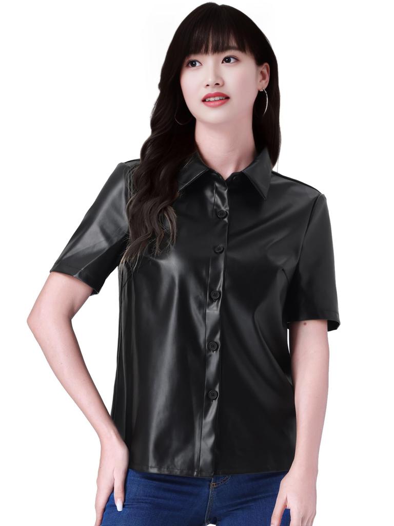 Allegra K Women's PU Leather Button-Down Shirt, Short Sleeve, Color Blouse, Jacket, Party/Club Top, Black, Size S