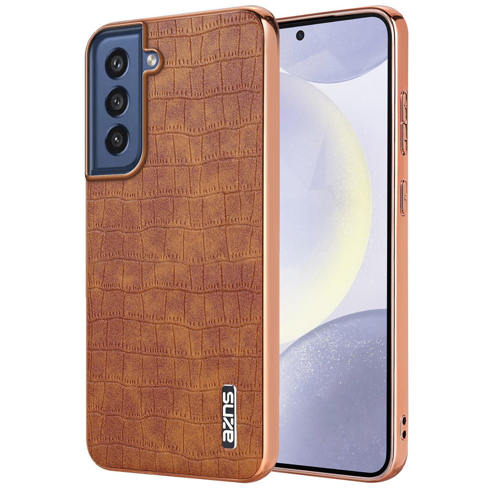 

AZNS Чехол для Samsung Galaxy S21 FE 5G, Текстура крокодила, Гальваническое покрытие, Кожаная задняя крышка для телефона Brown
