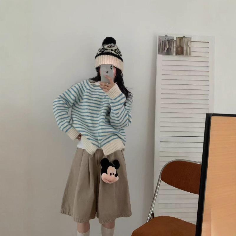 Striped lapel knitted cardigan women's clothing autumn and winter new loose casual gentle wind sweater jacket women