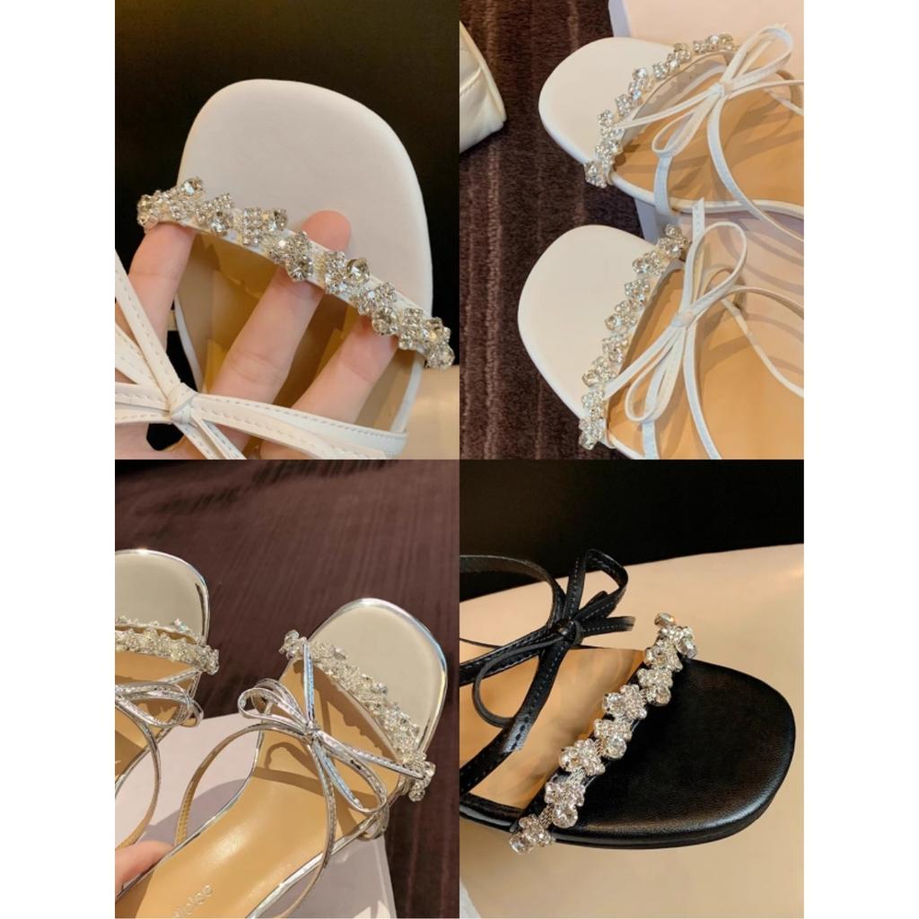 Sheepskin~ version burst beauty sparkling rhinestone slippers women's summer wear bow 5.5cm thick heel cool slippers