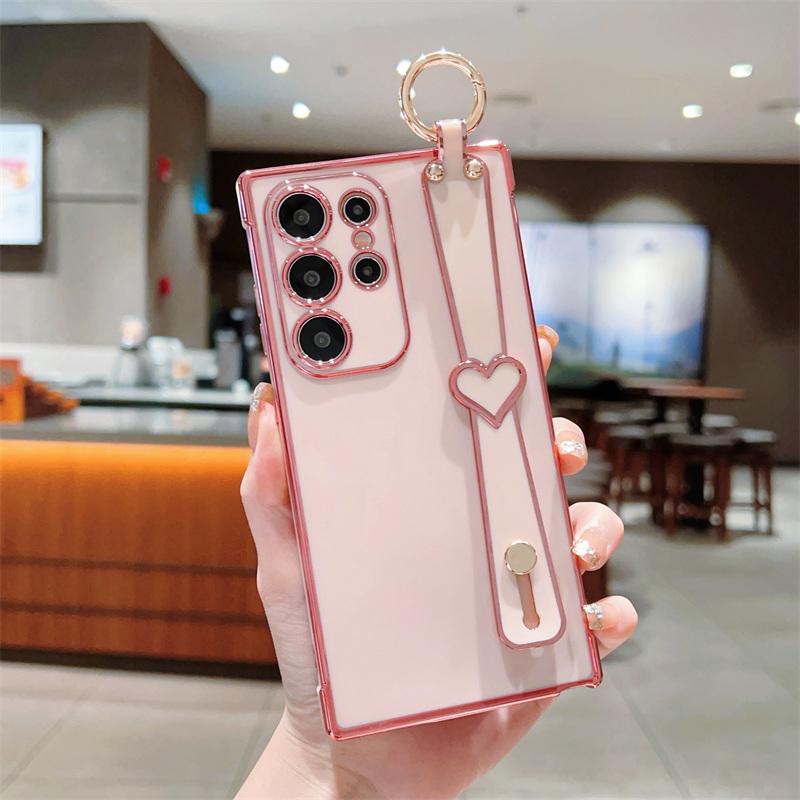 Electroplated TPU Wrist Strap Holder Back Case For Samsung Galaxy S25 S24 S23 S22 S21 Ultra + S20 FE Lens Protection Cover