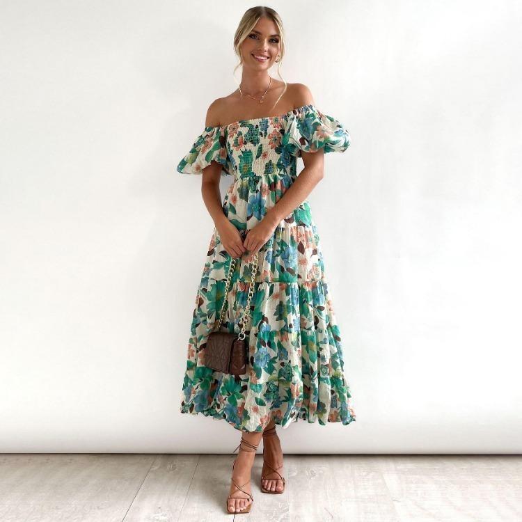 Fashion Summer Dress Women Strapless Print Pleated Short Sleeve Ankle Length