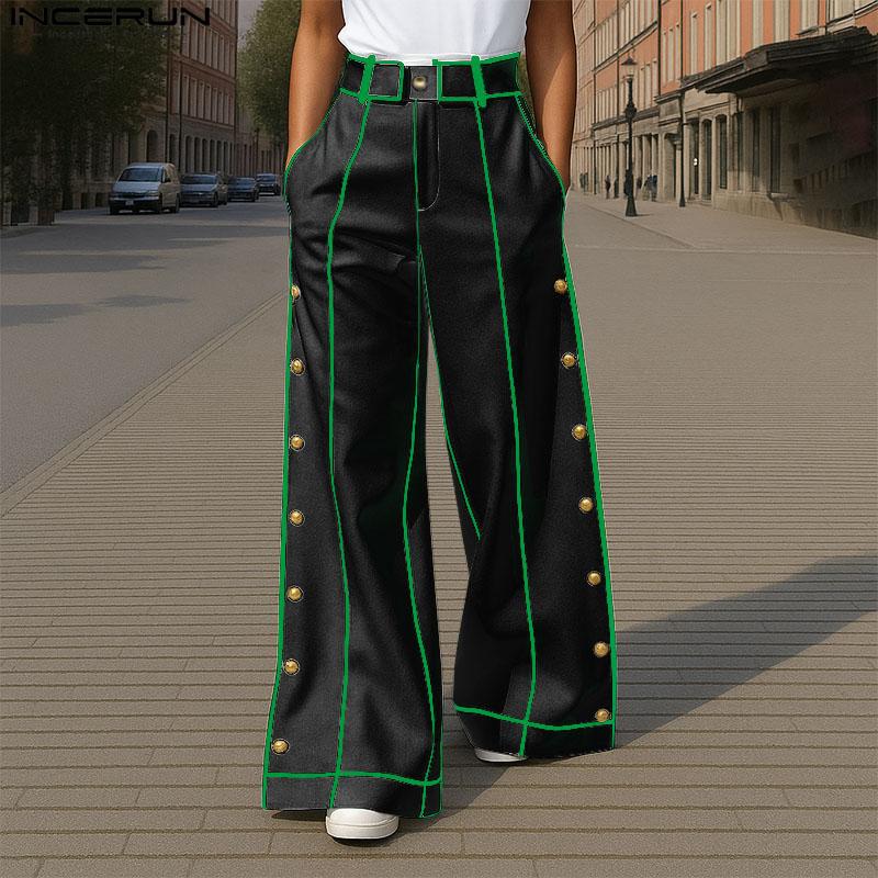INCERUN Men Zipper Waist Stitching Casual Wide Leg Pants Long Trousers With Pockets