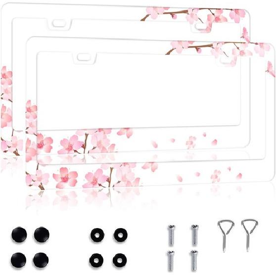 License Plate Frame for Women 2 Pack Cute Flower License Plate Cover White