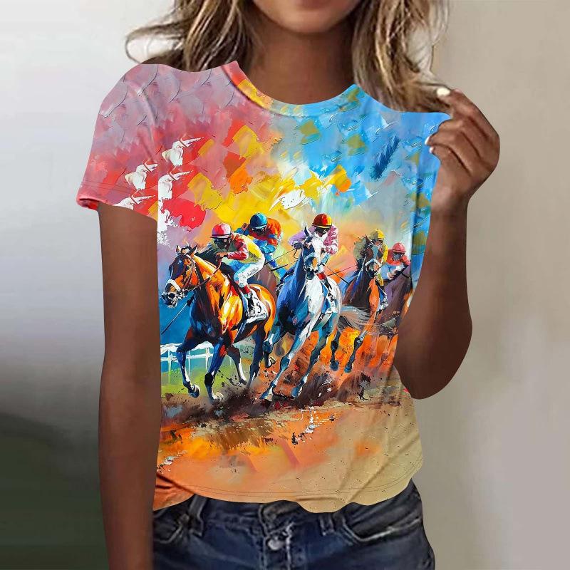 Summer Comfortable Soft Short Sleeved T-shirt Colorful Horse Riding Pattern Print Fashionable Relaxed Women's T-shirt