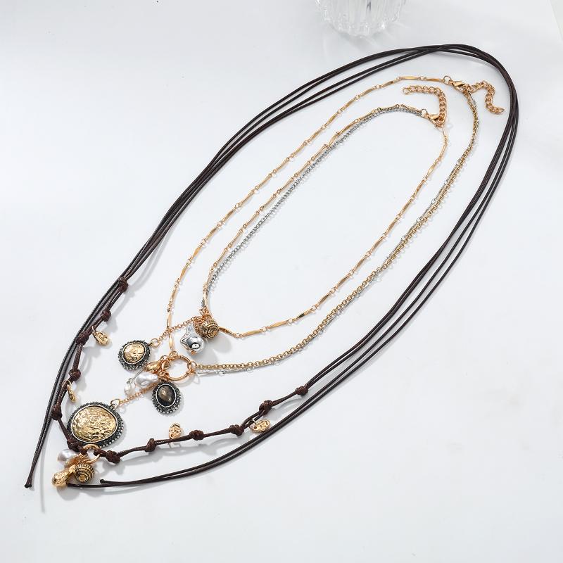 Bohemian Style Multi-Layer Rope Chains Metal Round Coin Badge Pendant Necklaces For Women Holiday Party Jewelry Neck Accessories