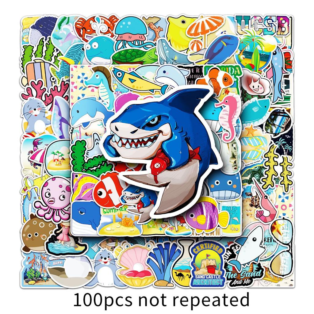 100 Pictures of Non-repeat Marine Life Cartoon Laptop Suitcase Scooter Car Decoration Stickers