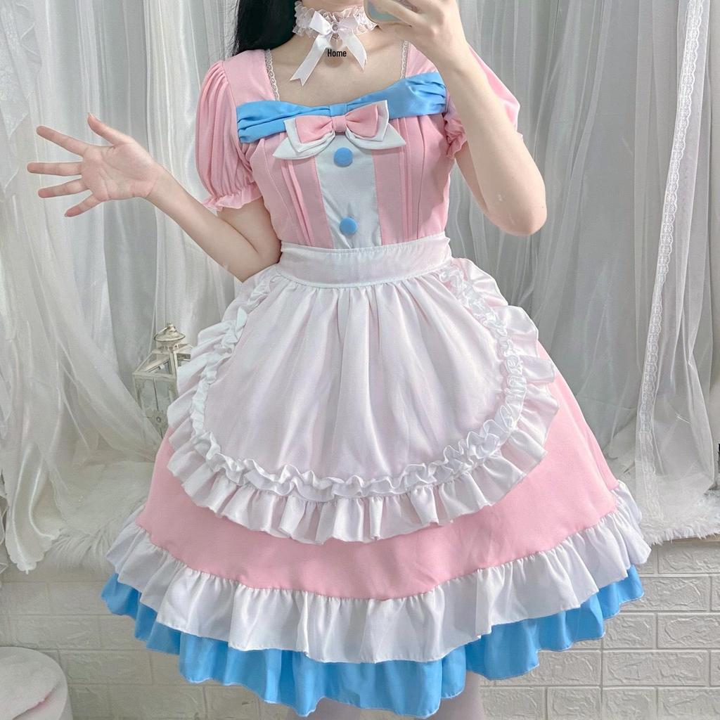 Café Style Cute Lolita Maid Outfit - Pink & Blue Bow Dress for Women