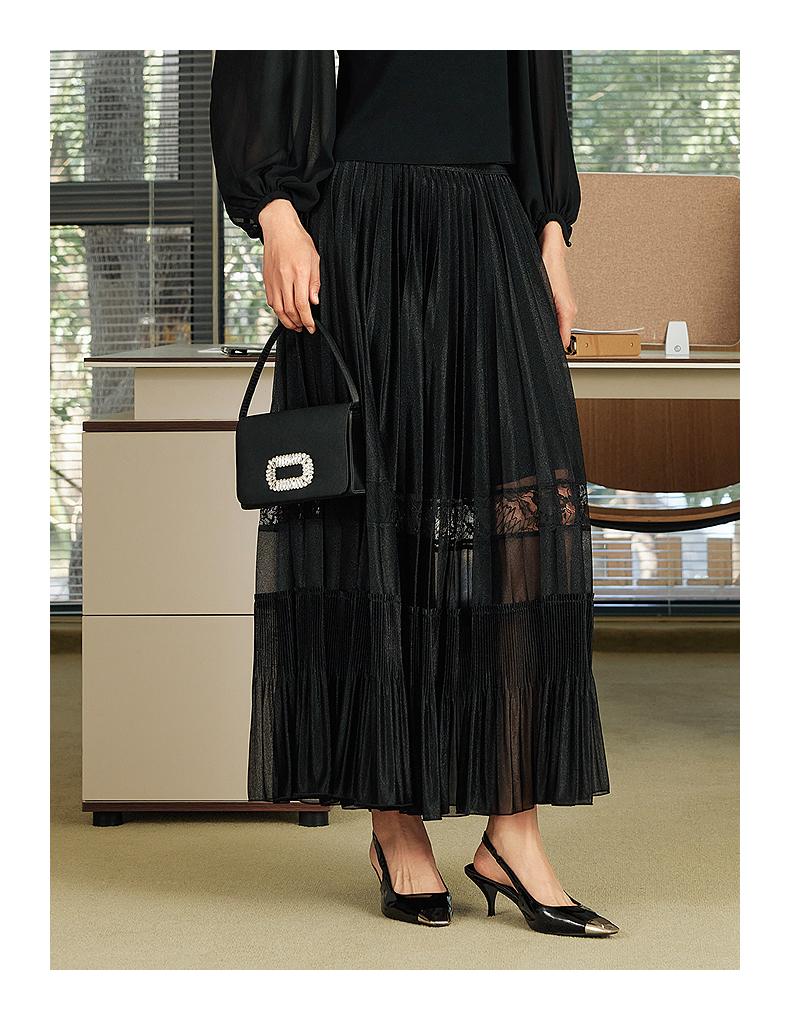 JZ Jiuzi Shopping Mall Same Elegant Light Mature Mesh Lace Splicing Folded Half Length Skirt for Women 2025 Spring New Style