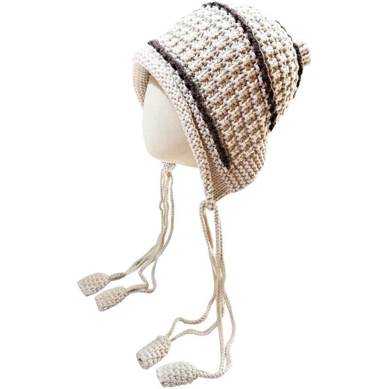 Japanische handgewebte gestrickte Wollmütze mit Fransen für Kinder, verdickt warm und vielseitig im Herbst und Winter, Studenten-Ohrenschutz-Schlupfmütze