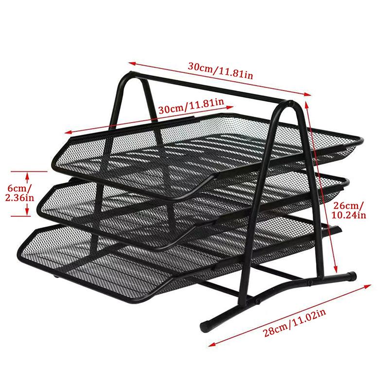 Organizator Tăvi pentru Documente cu Trei Nivele, Suport Metalic de Birou pentru Depozitare și Gestionare, Raft Multifuncțional din Plasă pentru Documente