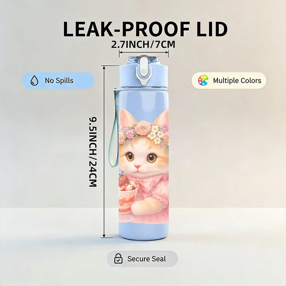 1PC Kitten Wear Pink Bow Cute Cartoon Print 750ml Color Plastic Sports Water Bottle Leakproof Flip Straw Lid Suitable for Sports Office Home Use