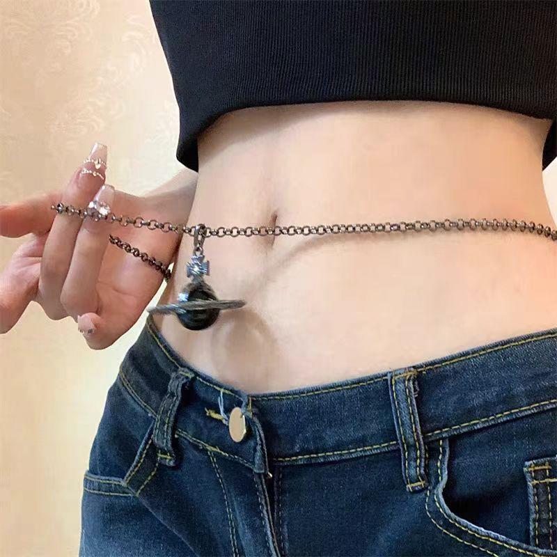 Black Saturn Surround Pendant Waist Chain For Women Light Luxury Personality Necklace Three-Dimensional Waist Decor Body Jewelry