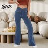 Women Casual Style Trousers High Waist Denim Pants Slightly Slim Fit Elegant Flared Jeans Pockets Cross Waistband Streetwear Comfortable