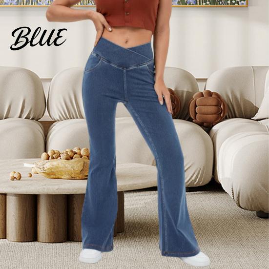 Women Casual Style Trousers High Waist Denim Pants Slightly Slim Fit Elegant Flared Jeans Pockets Cross Waistband Streetwear Comfortable