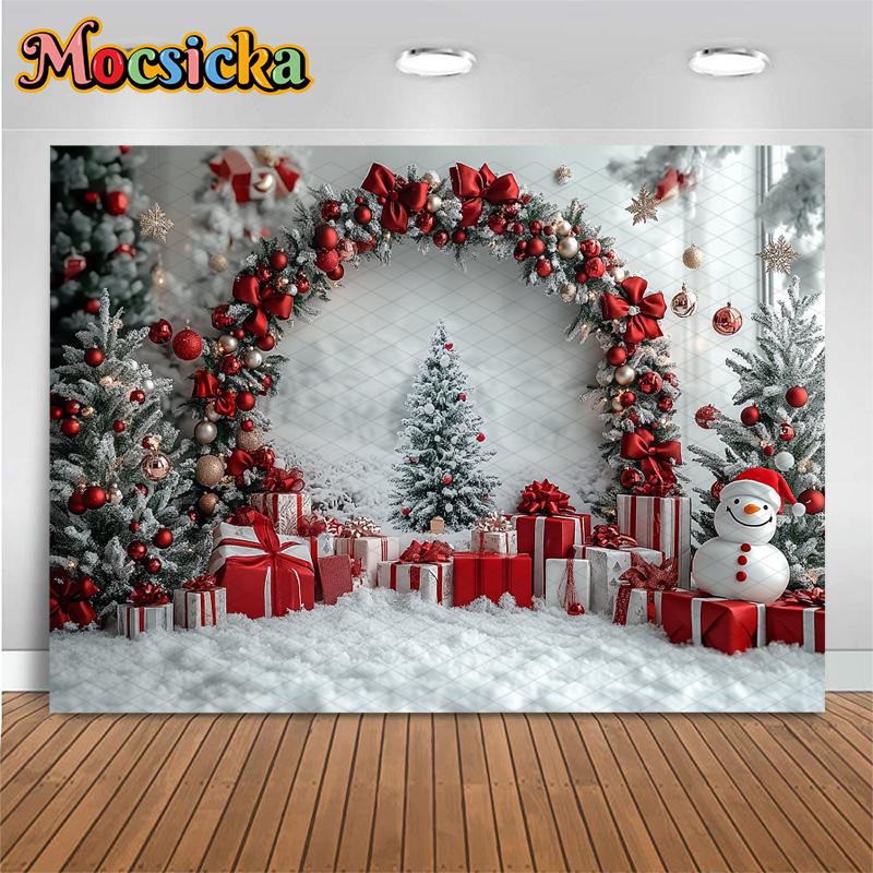 Mocsicka Christmas Tree Photography Backdrop Snowman White Wall Home Gifts Decor Children Family Holiday Party Background Banner