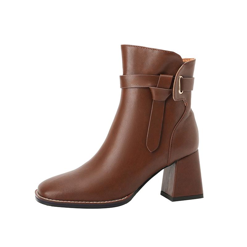 2024 Autumn/winter Women Boots Square Toe Chunky Heel Shoes Split Leather Short Boots for Women Side Zip High Heel Retro Boots