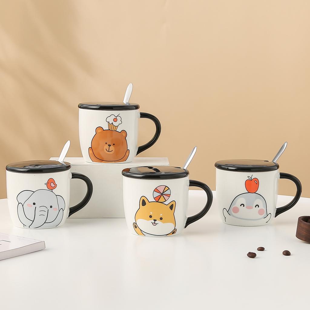 Cartoon Animal Ceramic Cup with Lid Large Capacity Household Set Mug Girl Cute Water Cup Small Gift Cup