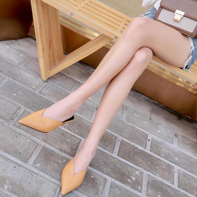 Leather Surface V-mouth Pointed Head Bag Head Slippers Medium Heel Cat Heel Outer Wear Half Slippers Slippers Women's Shoes