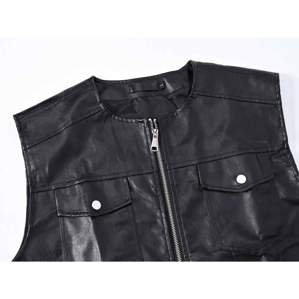 Men's Casual Imitation Leather Vest Spring and Autumn Cross-border Korean Version of Fashion Trend Single-breasted Jacket Vest Men's