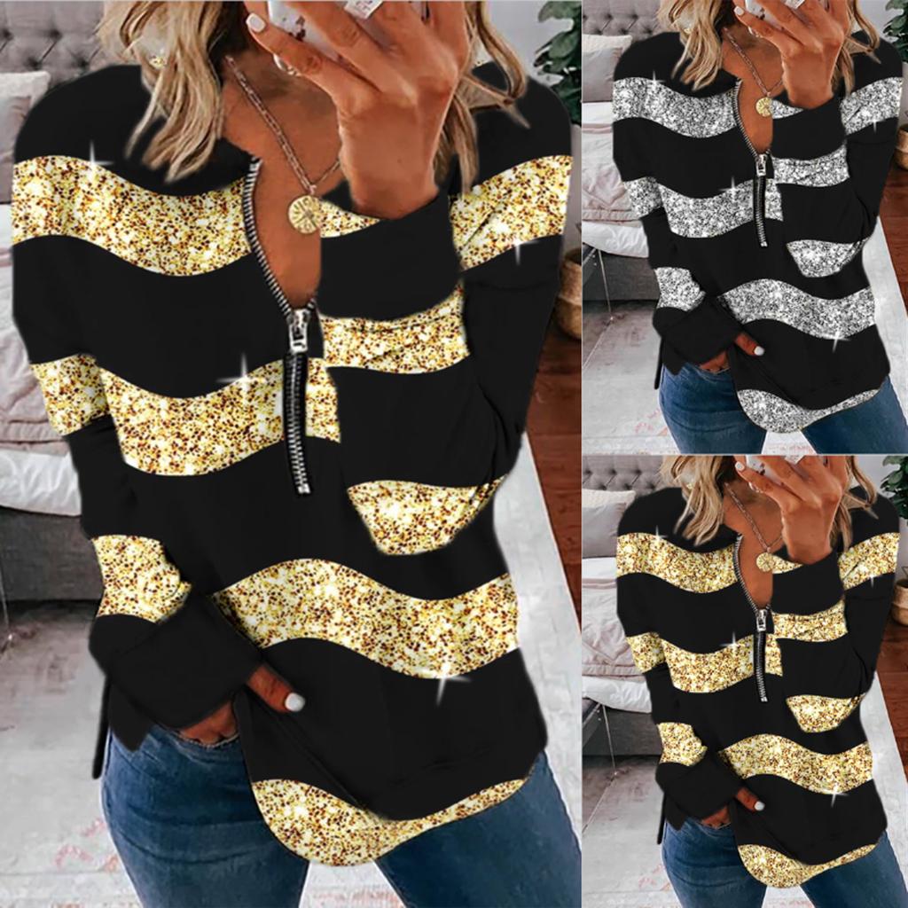 Womens Casual V-Neck Print Blouse Zipper Long Sleeves Sweatshirt Loose T-Shirt Tops