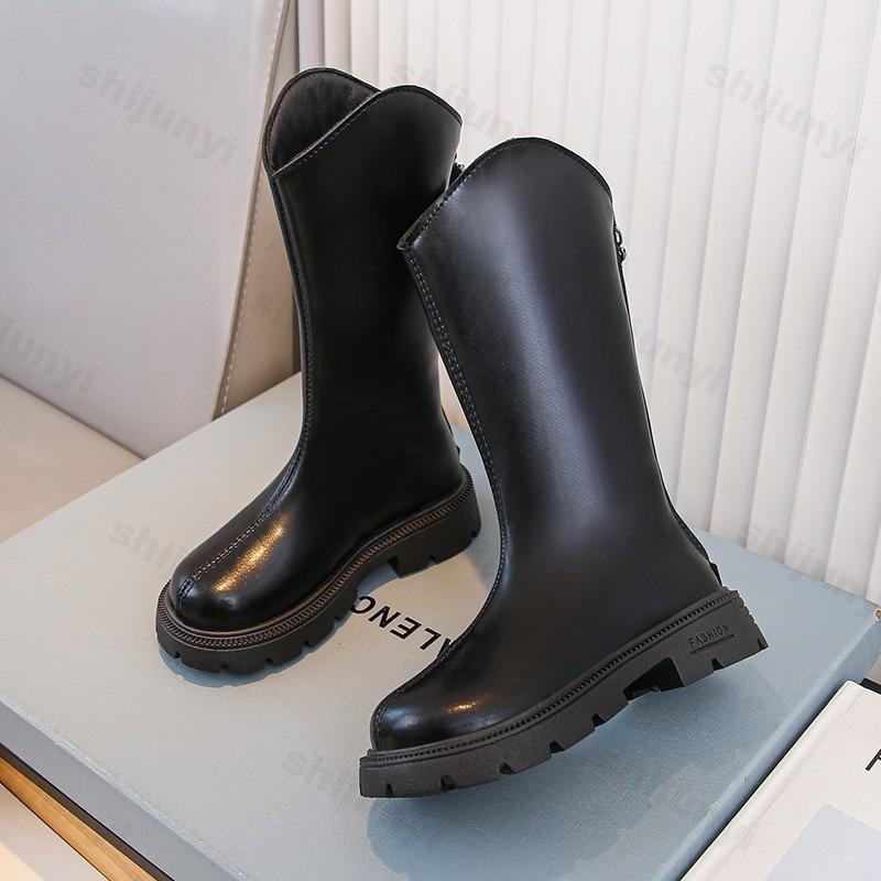 

Детские сапоги до колена, осенние, студенческие, для девочек, принцесса, детские, на молнии, удобные, нескользящие, однотонные, высокие сапоги 26 чёрный