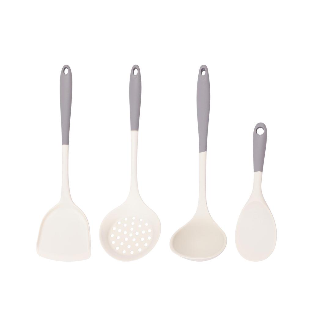 Gray & White Silicone Cooking Utensil Set: Spatula, Wok Spatula, Soup Ladle, Rice Spoon, Skimmer - Heat Resistant.