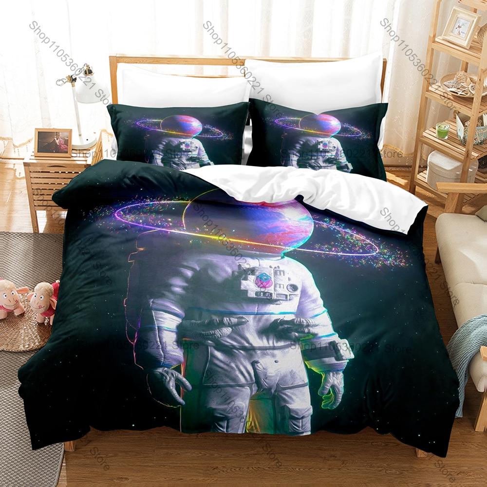 Cool Dreamy Fantasy Space Astronaut Nebula Planet Galaxy HD Print Bedding Set Duvet Cover + 2 Pillowcases Polyester Teen Room De