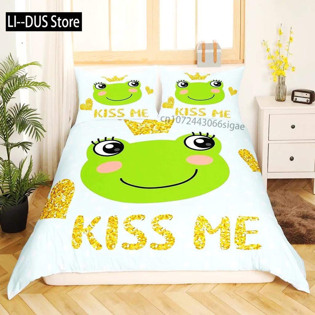 Frosch Bettbezug Set Niedlich Kawaii Cartoon Frosch Muster King Queen Größe Polyester Bettdeckenbezug Mit Kissenbezug Für Kinder Mädchen