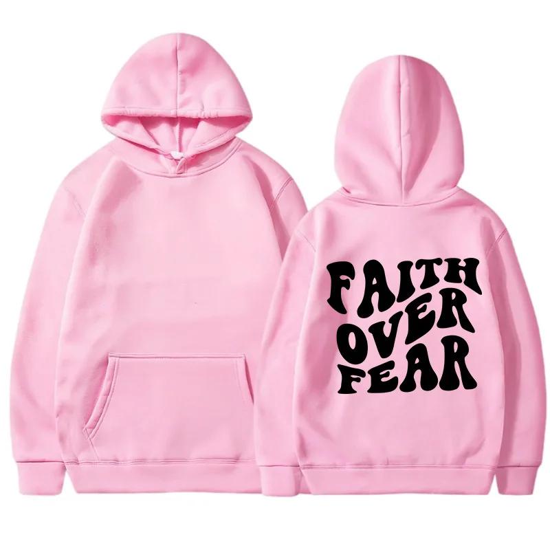 FAITH OVER FEAR Women Plush Sweatshirt Solid Color Letter Print Kangaroo Pocket Drawstring Print Hoodie