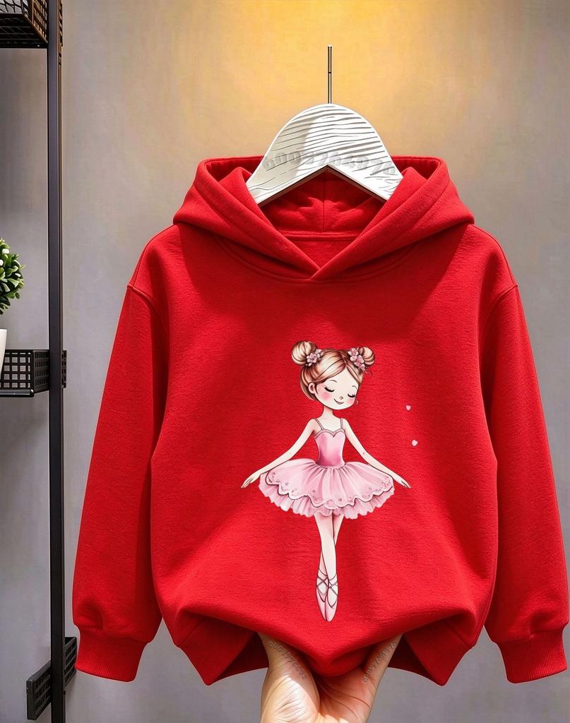 Autumn/Winter Children's Hooded Sweater - Sweet Cartoon Ballet Dancer Pattern Print -Soft and Breathable Long-Sleeved Hooded Top