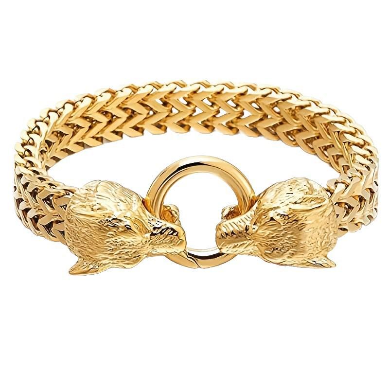 Bracciale Vikingo con Testa di Lupo in Acciaio Inossidabile con Catena a Maglia Franco Retro