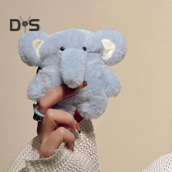 Plüsch-Kopfhörerhülle mit blauem Elefantenmotiv für Airpods, 3D-Cartoon-Fell, Tier-Kopfhörerabdeckung für Frauen und Mädchen