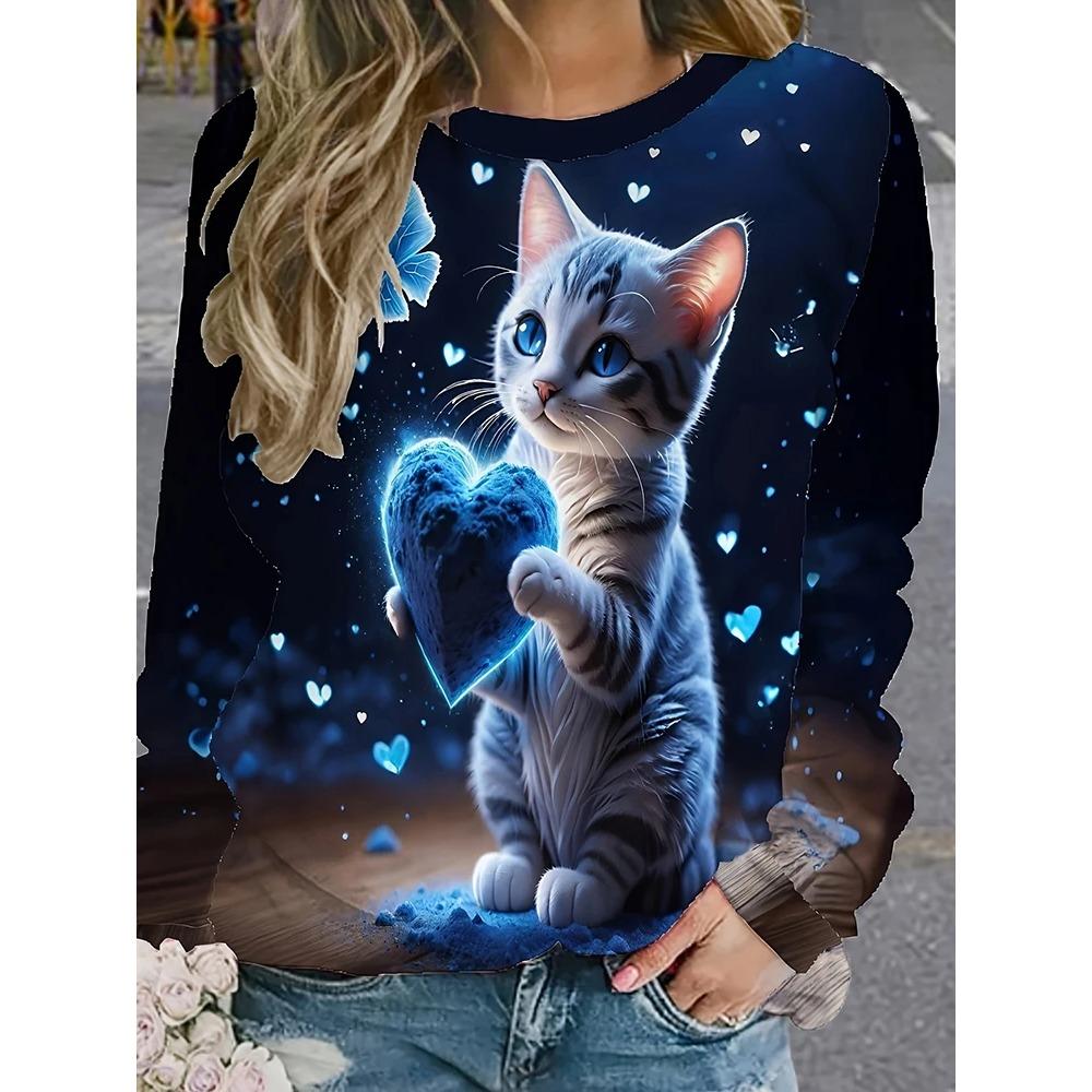 New 3D Cat Print Women's Fall Fashion Comfortable Long-sleeved T-shirt Daily Casual Women's Round Neck T-shirt