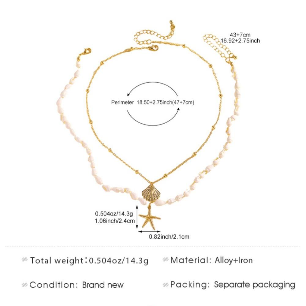 2pcs Set Fashion Starfish Shell Pendant Double-layer Necklace for Women Stacked Collar Chain Beach Vacation Jewelry Sets Gifts