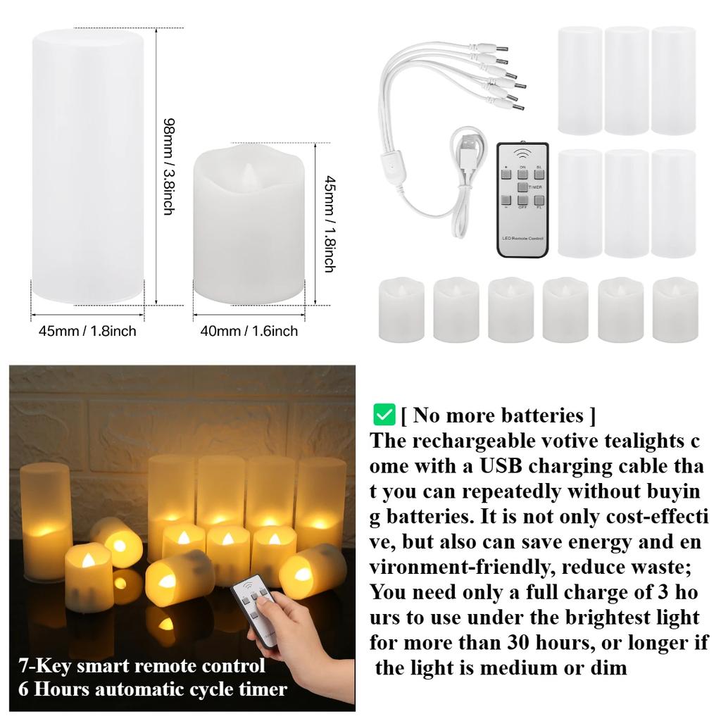 6/12Pack Rechargeable Flameless Candles Flickering LED Tea Light Candles 3D Wick Battery Operated  Electronic Candle Lamp