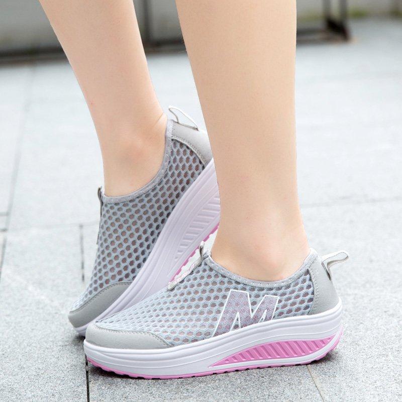 Sneakers for Women Summer Wedge Rocking Shoes Breathable Mesh Casual Shoes Thick Soled Women's Shoes Slip on Lazy Shoes