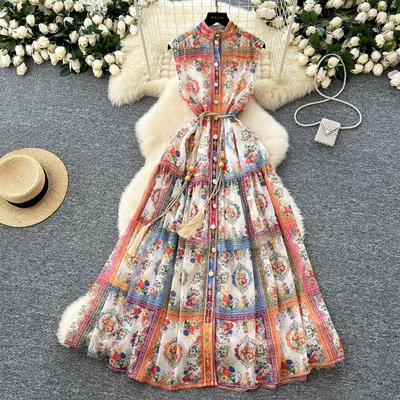 This Women's Vacation Style Elegant Sleeveless Waist-cinching Printed Pleated Dress Is A Fashionable and Slimming Dress