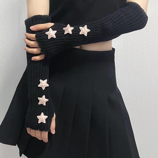 Knitted Arm Warmers Girls Fingerless Long Wrist Gloves Winter Star Arm Sleeves with Thumb Hole for Women Street Wear Parties