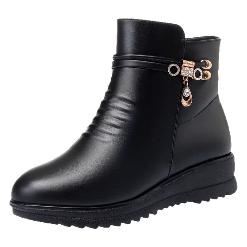 Mom shoes cotton shoes women's autumn and winter boots soft leather flat leather shoes velvet warm middle-aged women's shoes fashion boots