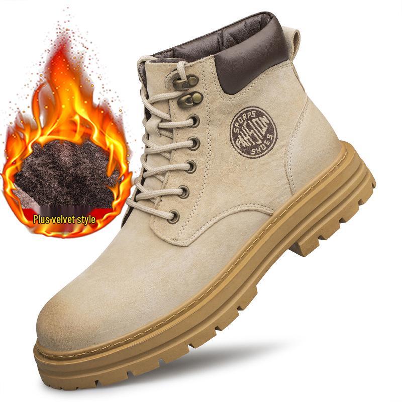 Men's Large Size Winter Genuine Leather Martin Boots, Thick Sole, High-Top, Outdoor, Plus Velvet, Yellow Work Boots.
