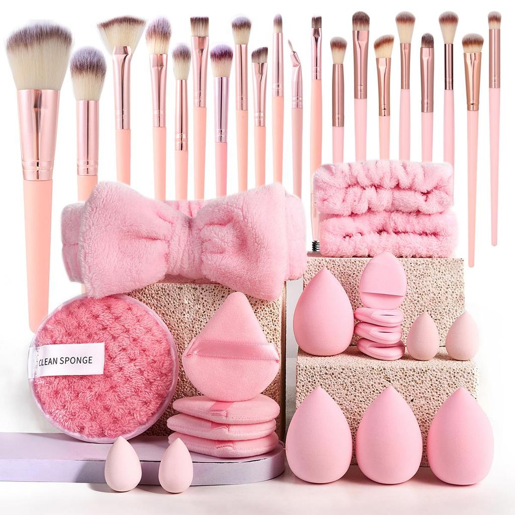 40pcs Pink Makeup Tools Set Includes High Quality Makeup Brushes +headband +wristbands +makeup Puff +triangle Puff +finger Powder Puff +makeup Sponge