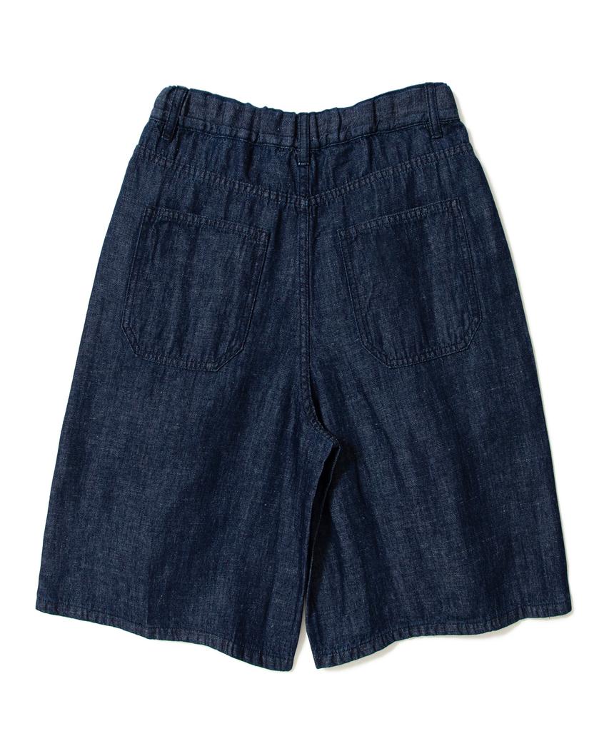 AOTT Linen Denim Wide Double-Pleat Bermuda Pants Dark Blue