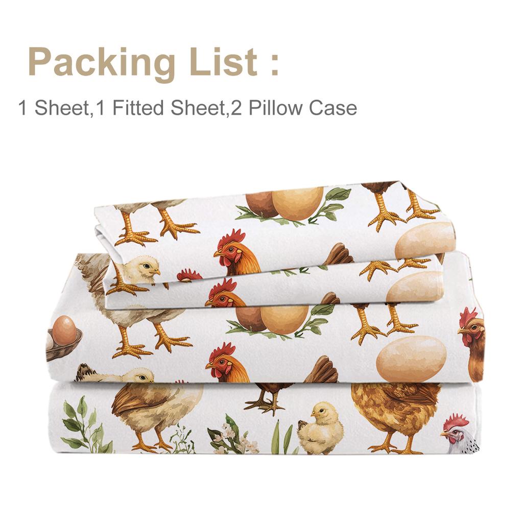 4-Piece Chicken Egg Bed Sheet Set, Including 1 Flat Bed Sheet, 1 Extra-Large Bed Sheet, 2 Pillowcases (Farmhouse, Living)