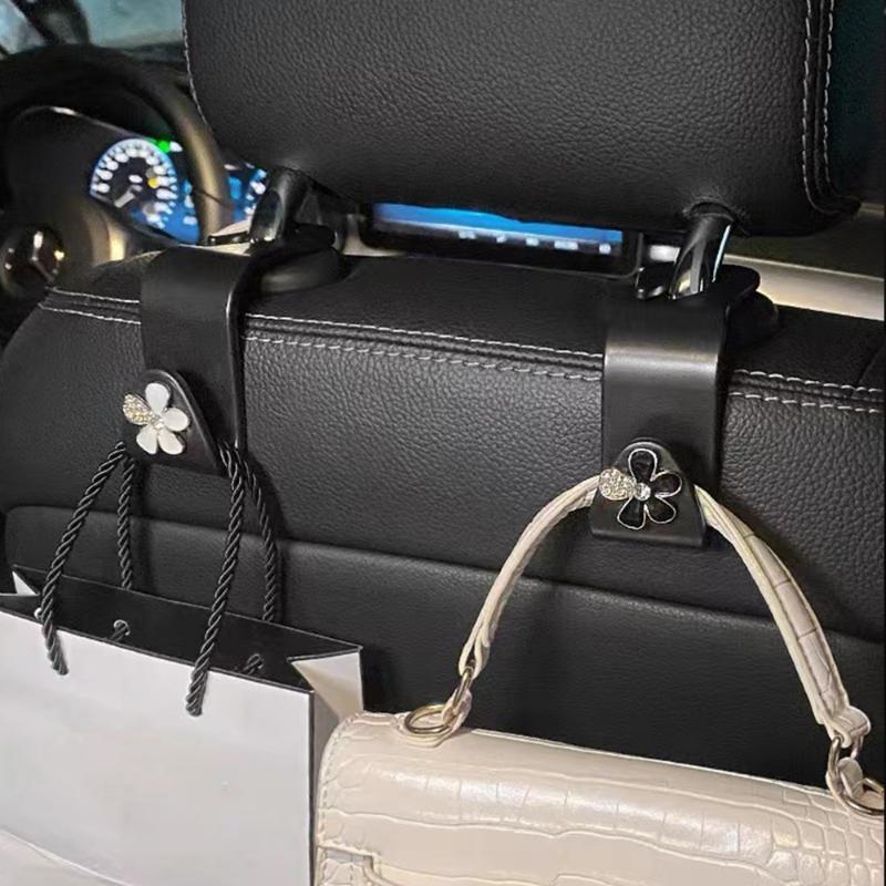 Car Seat Back Hooks Diamond Camellia Flowers Decor Cute Cartoon Bears Car Interior Storage Hook Handbag Hanging Holder